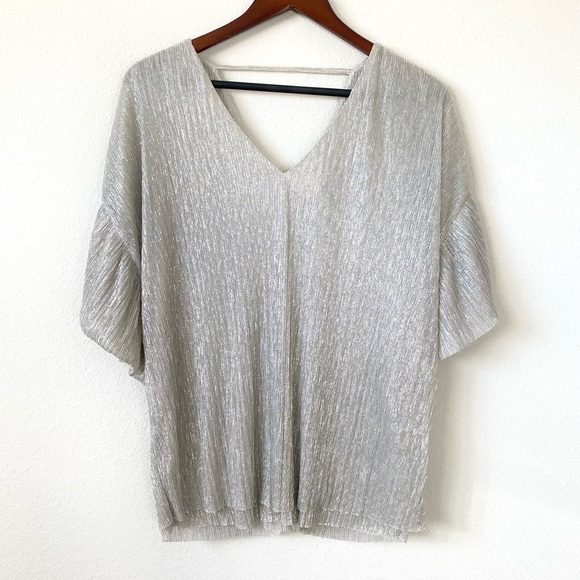 Anthropologie Tops - ANTHROPOLOGIE VANESSA VIRGINIA | Shimmery Metallic V Neck Blouse S Silver/Gray